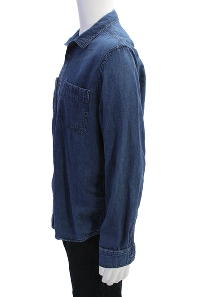 Vince Womens Cotton Collared Double Pocketed Button Down Shirt Blue Size L