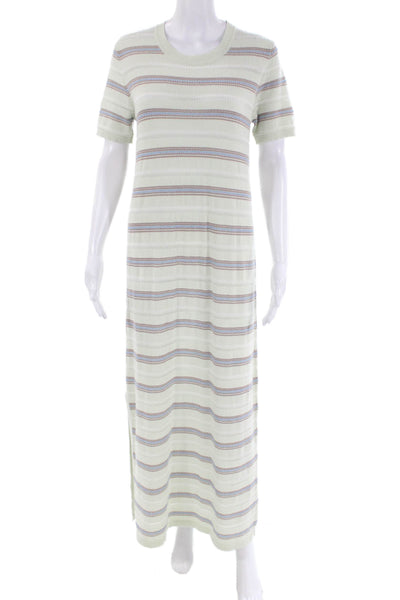 Barrie Womens Cotton Round Neck Short Sleeve Stripe Knit Slit Dress Green Size S