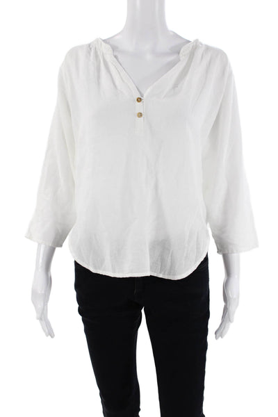 Leallo Womens Cotton Long Sleeve Button Up V-neck Lined Top White Size XS