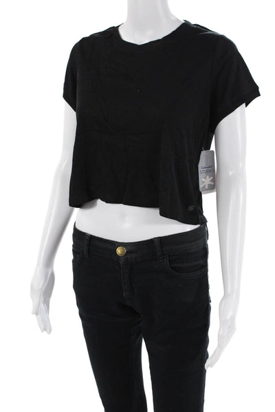 Splendid Womens Crew Neck Short Sleeved Cropped Top Solid Black Size XS