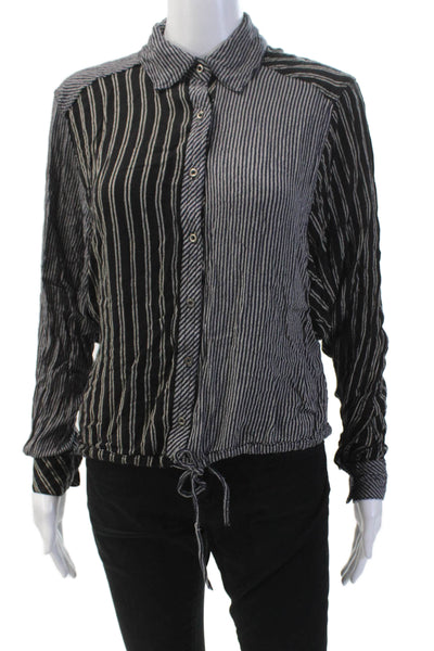 Free People Womens Striped Collared Crop Button-Down Shirt Black Size XS
