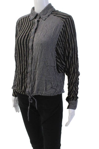 Free People Womens Striped Collared Crop Button-Down Shirt Black Size XS