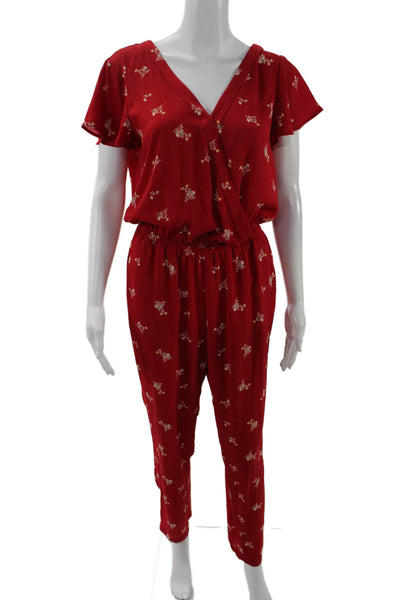 Vince Camuto Signature Womens V Neck Floral Short Sleeve Jumpsuit Red Size 2