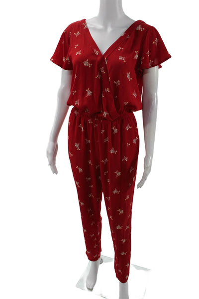 Vince Camuto Signature Womens V Neck Floral Short Sleeve Jumpsuit Red Size 2