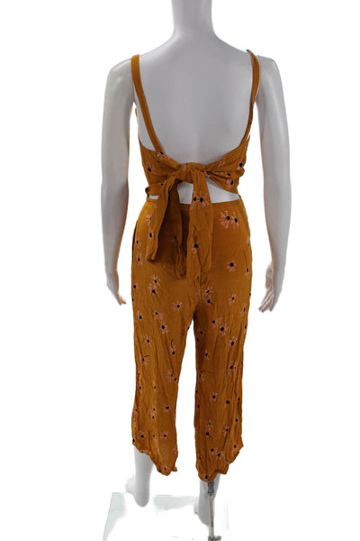 Faithfull The Brand Womens Floral Tie Back Wide Leg Jumpsuit Yellow Size 2