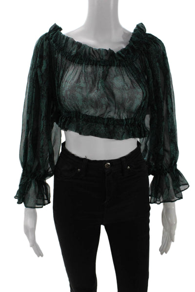 Kimberly Taylor Womens Long Sleeve Off Shoulder Silk Snake Print Top Green Small
