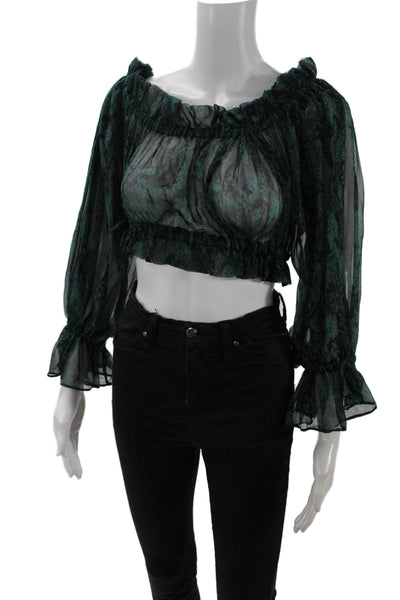 Kimberly Taylor Womens Long Sleeve Off Shoulder Silk Snake Print Top Green Small