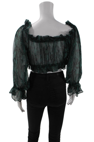 Kimberly Taylor Womens Long Sleeve Off Shoulder Silk Snake Print Top Green Small