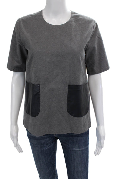 Kule Womens Leather Contrast Short Sleeves Blouse Gray Black Cotton Size 4
