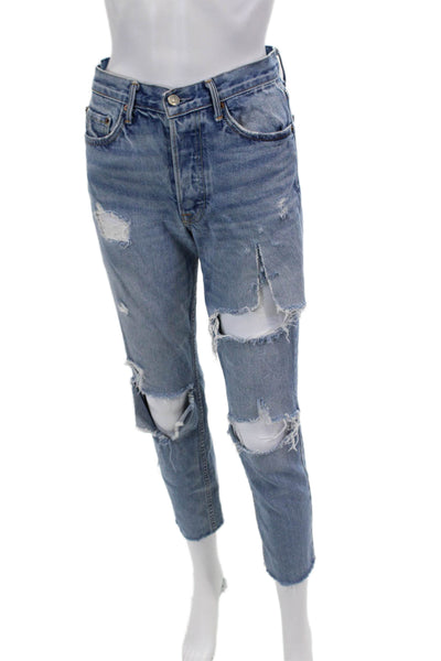 Grlfrnd Womens Distressed Slim Leg High Rise Karolina Jeans Blue Size 25