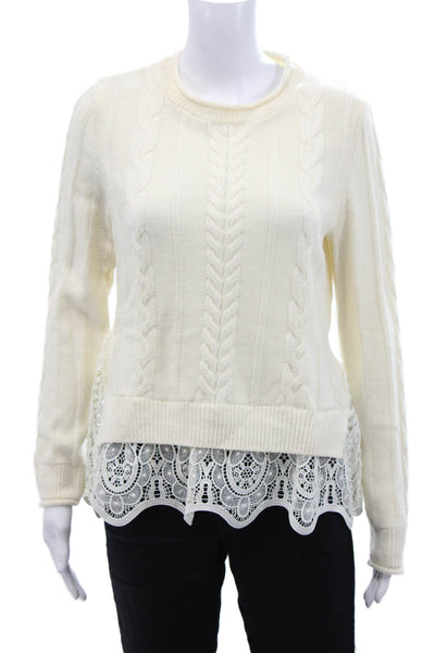 Quinn Womens Cable Knit Crew Neck Crochet Trim Sweater White Wool Size Medium