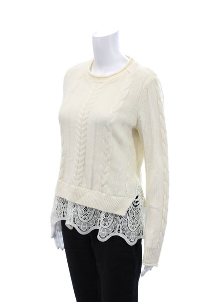 Quinn Womens Cable Knit Crew Neck Crochet Trim Sweater White Wool Size Medium