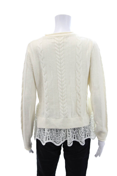 Quinn Womens Cable Knit Crew Neck Crochet Trim Sweater White Wool Size Medium