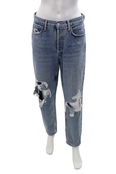 Agolde Womens Button Fly High Rise Medium Wash Distressed Jeans Blue Size 27