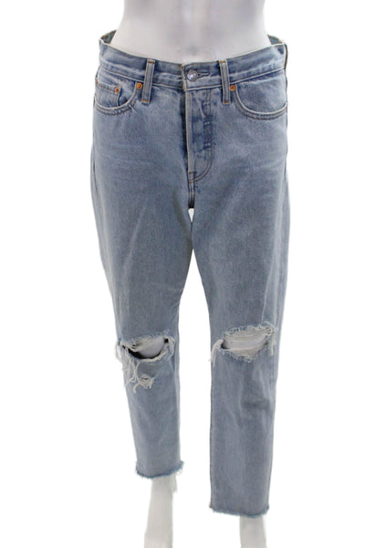 Levis Womens Button Fly High Rise Distressed Tapered Jeans Blue Denim Size 27