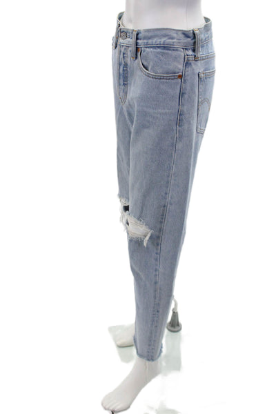 Levis Womens Button Fly High Rise Distressed Tapered Jeans Blue Denim Size 27