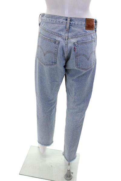 Levis Womens Button Fly High Rise Distressed Tapered Jeans Blue Denim Size 27