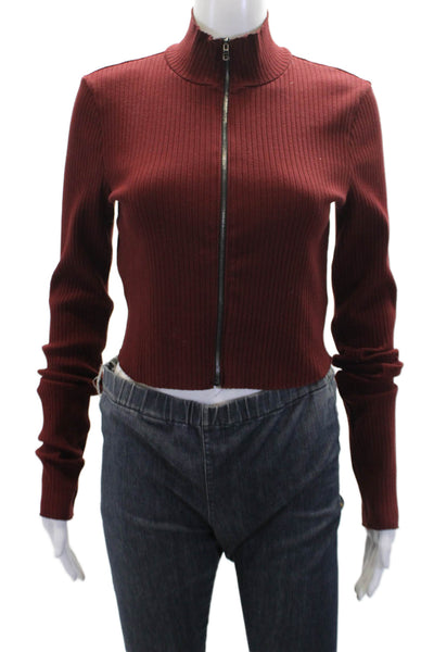 Cotton Citizen Womens Front Zip Mock Neck Ribbed Knit Sweater Red Cotton Large