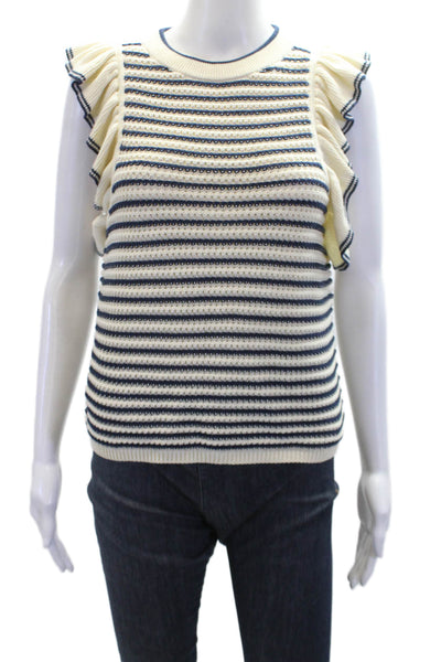 Eleven Six Womens Cotton Striped Sleeveless Ruffled Knit Tank Top Cream Size S