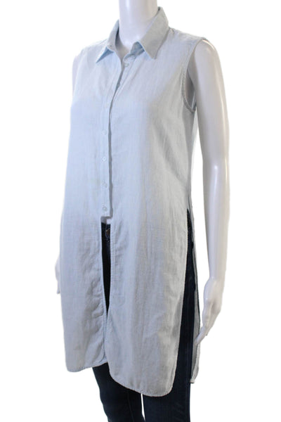 Drew Womens Cotton Striped Sleeveless Side Slit Tunic Blouse Blue Size XS