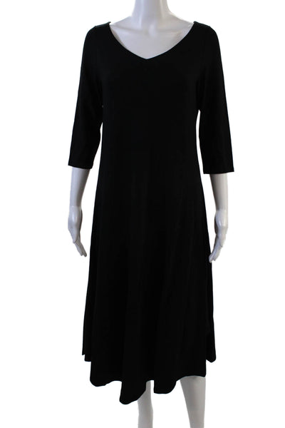 Eileen Fisher Womens Stretch V-Neck 3/4 Sleeve Midi Dress Black Size XS