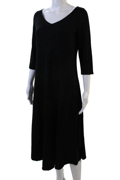 Eileen Fisher Womens Stretch V-Neck 3/4 Sleeve Midi Dress Black Size XS