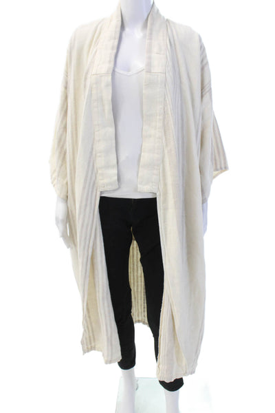 Boca Terry Womens Linen Striped Open Front Coat White Beige Size One Size
