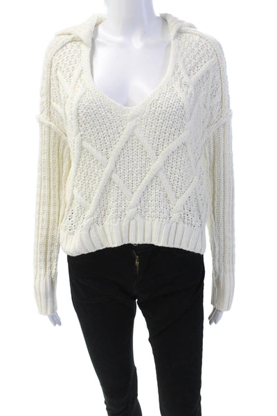 Free People Womens Cable Knit Collared Sweater White Cotton Size Extra Small