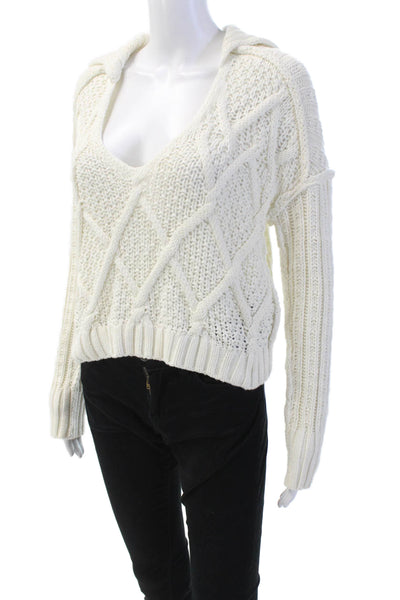 Free People Womens Cable Knit Collared Sweater White Cotton Size Extra Small