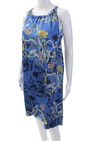 Max Volmary Womens Silk Floral Print Sleeveless Halter Shift Dress Blue Size 10
