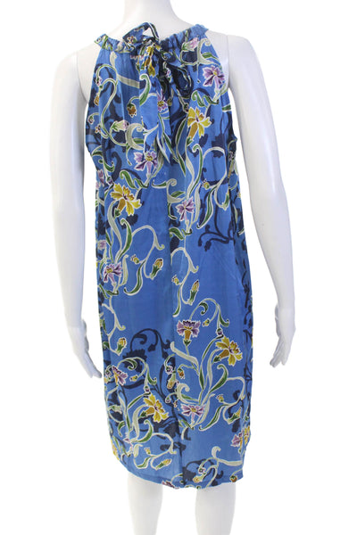 Max Volmary Womens Silk Floral Print Sleeveless Halter Shift Dress Blue Size 10