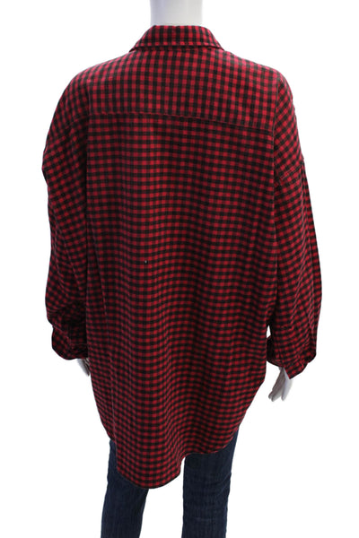 Denimist Womens Button Front Long Sleeve Collared Flannel Shirt Red White XS