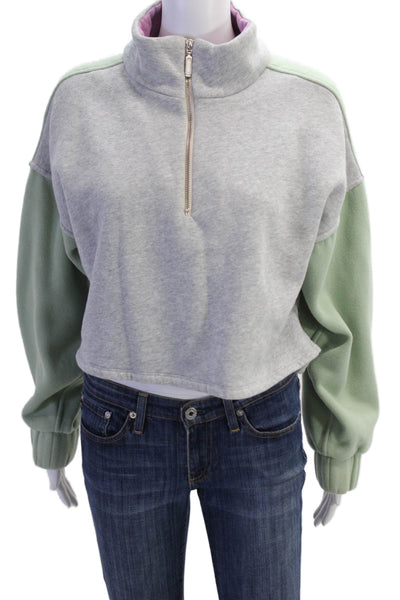 LPA Womens Half Zip Mock Neck Colorblock Cropped Sweater Gray Green Size Large