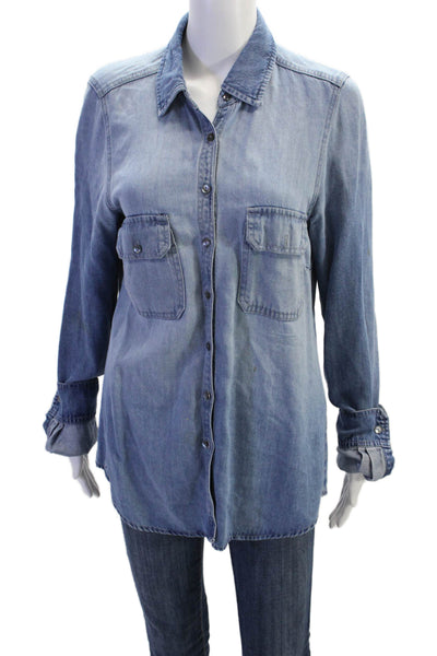 Velvet Womens Button Front Collared Long Sleeve Pocket Shirt Blue Size Small