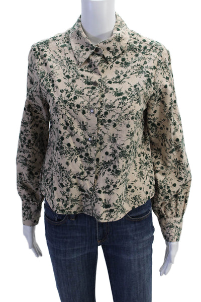 Drew Womens Button Front Collared Floral Corduroy Shirt Brown Green Size Small