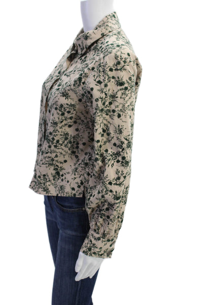 Drew Womens Button Front Collared Floral Corduroy Shirt Brown Green Size Small