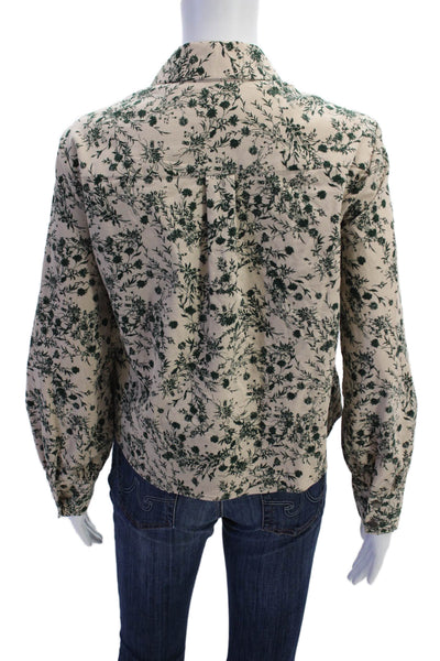 Drew Womens Button Front Collared Floral Corduroy Shirt Brown Green Size Small