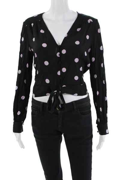 Paige Black Label Womens Polka Dot V Neck Blouse Black Lavender Size Medium