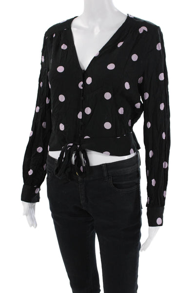 Paige Black Label Womens Polka Dot V Neck Blouse Black Lavender Size Medium