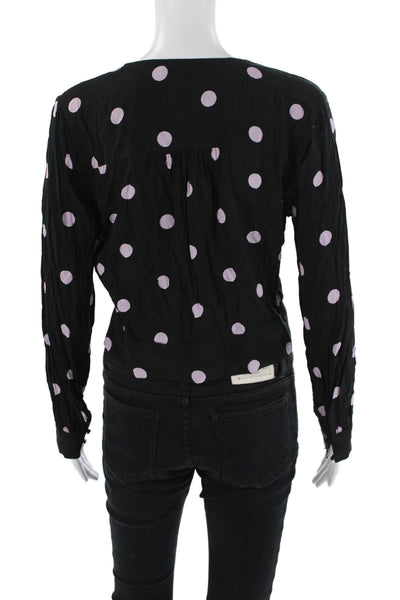 Paige Black Label Womens Polka Dot V Neck Blouse Black Lavender Size Medium