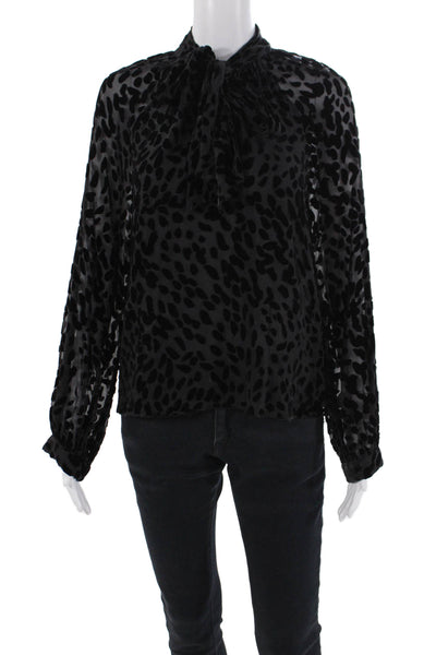 Tanya Taylor Womens Animal Print Tied Long Sleeve Blouse Black Size 2