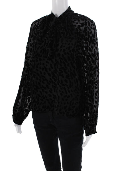 Tanya Taylor Womens Animal Print Tied Long Sleeve Blouse Black Size 2