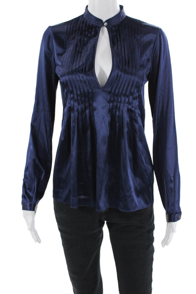 Theory Womens Silk Long Sleeve Pleated Pullover Blouse Top Blue Size PP