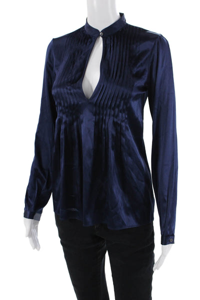 Theory Womens Silk Long Sleeve Pleated Pullover Blouse Top Blue Size PP