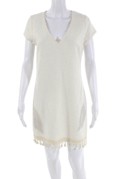Dolan Womens Cotton Blend Tassel Trim V-Neck Short Sleeve Dress White Size PS