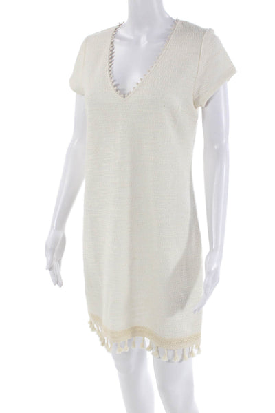 Dolan Womens Cotton Blend Tassel Trim V-Neck Short Sleeve Dress White Size PS