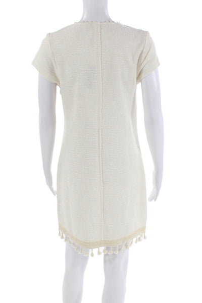 Dolan Womens Cotton Blend Tassel Trim V-Neck Short Sleeve Dress White Size PS