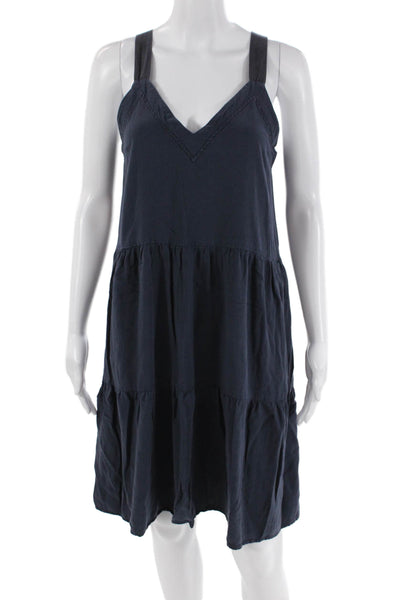 Splendid Womesn Solid V-Neck Sleeveless Tiered Mid-Calf Dress Navy Size XS