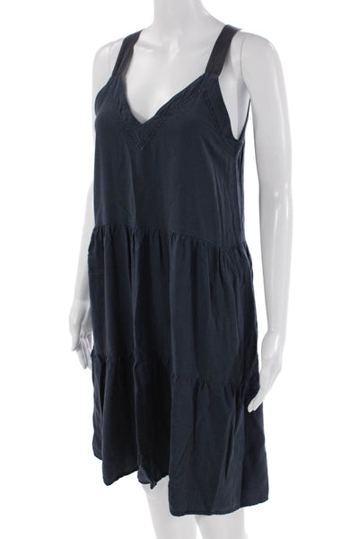 Splendid Womesn Solid V-Neck Sleeveless Tiered Mid-Calf Dress Navy Size XS