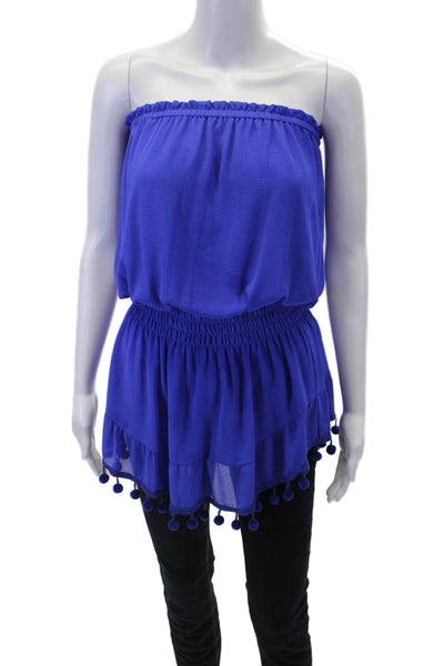 Ramy Brook Womens Sleeveless Smocked Waist Pom Pom Trim Top Blue Size S